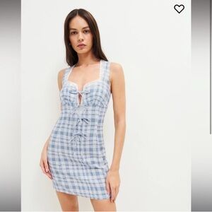 Reformation 100% REIA Linen Blue and White Plaid Dress with Lace Detail